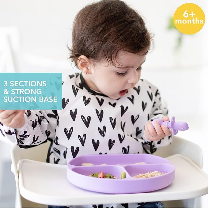 Bumkins Toddler and Baby Suction Plate, Silicone Divided Grip Dish, Babies and Kids, Baby Led Weaning, Children Feeding Supplies, Non Skid Sticky Bottom, Platinum Silicone, Ages 6 Months Up, Lavender