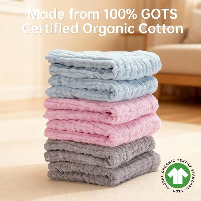 Bear Rocket Organic Muslin Baby Washcloths 6 Pack Baby Bath Face Towel 12x12 Inch Extra Absorbent and Soft Burp Cloth and Wash Cloths for Newborn-Infants On Sensitive Skin (Pink Grey Blue)