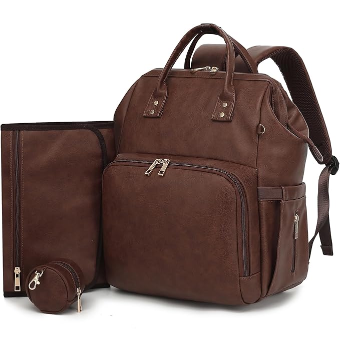ROSEGIN Premium Vegan Leather Diaper Bag Backpack with Waterproof Changing Pad – Reinforced Stitching & Zippers, Baby Bag for Boy Girl, Stroller Straps, Fits 15.6" Laptop for Work Moms, Dark Brown