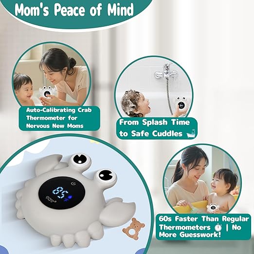 Baby Bath Thermometer with Floating Toys & Room Temperature Monitor - Rechargeable Digital Thermometer with Temperature Alerts, Bath Essentials for Newborns, Infants (Advanced Grey)
