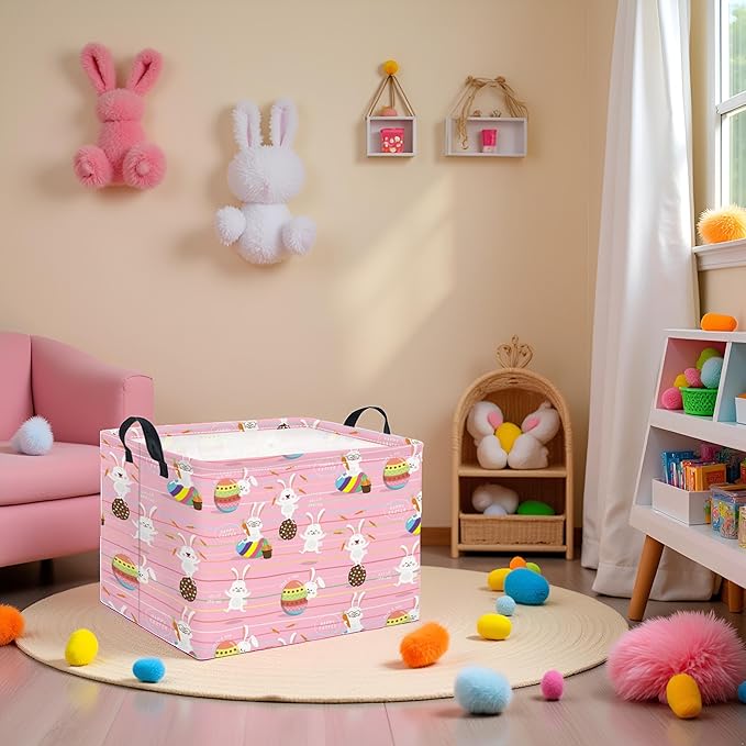 TIBAOLOVER Rectangular Easter Basket Easter Basket for Kids Baby Storage Basket Cute Toy Storage Bin Organizer Shelf Book Basket Easter Room Decor(Line Easter Egg)