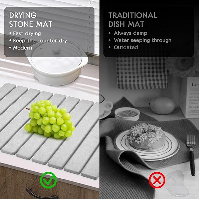 Stone Dish Drying Mat for Kitchen Counter – 23"(L)×15 (W)" Foldable Absorbent Diatomaceous Earth Dish Drying Mats, Kitchen Counter Mats for Dishes Bottles Cups, Match Any Countertop - Grey