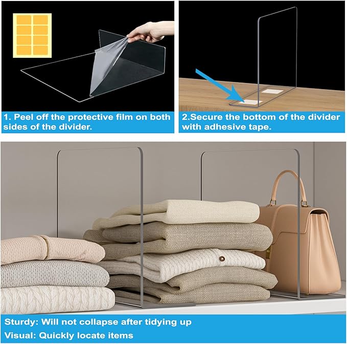 OKPOW Shelf Dividers Closet Organizer - 12" Tall X 9" Deep Acrylic Clear Sturdy Separate for Clothes Purse - Adjustable Space Saver Easy Install for Home Organization Enthusiasts 4 Pack
