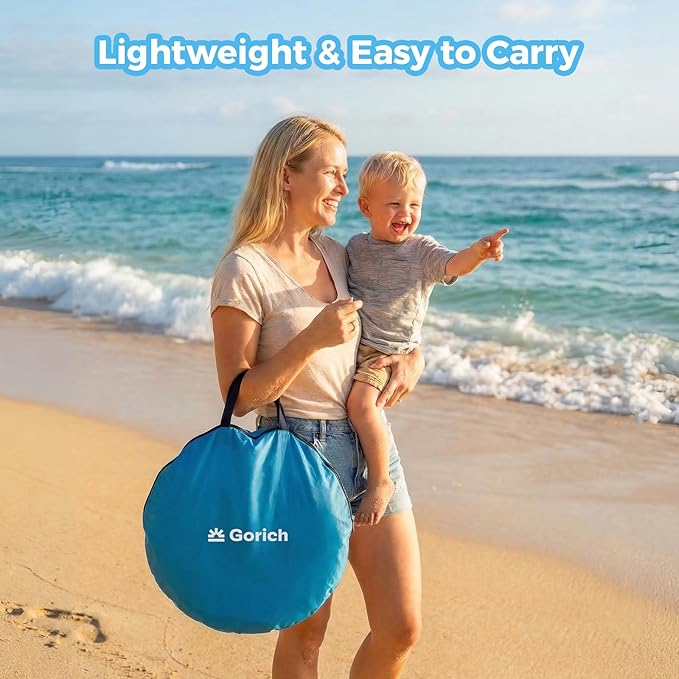 Gorich Pop Up Baby Beach Tent with UPF50+ UV Protection, Portable Toddler Sun Shelter with Mesh Ventilation, Lightweight & Foldable Play Shade Tent for Beach, Park & Backyard