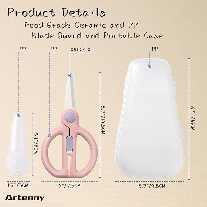 Ceramic Baby Food Scissors Kids with Travel Case, Toddler Scissors with Safety Lock, Ideal for Pizza, Meats, Noodles, Vegetables, and Fruits (C/D)