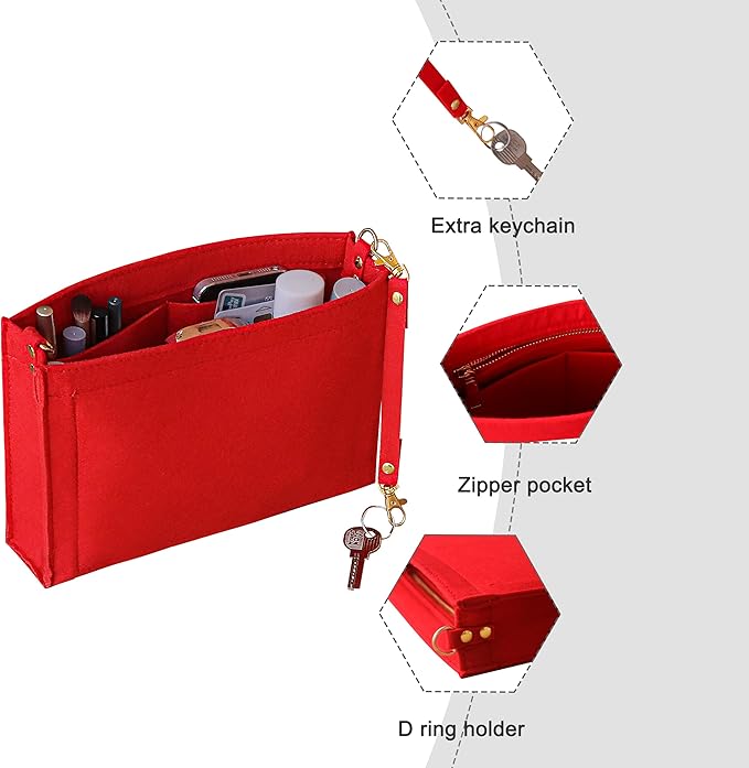 Soyizom Toiletry Pouch 19 26 Bag Organizer Insert for Cosmetics Tidy Organizer,Felt Purse Organizer Insert Ladies Tote Handbag Liner Pocket Organizer with Keychain & Gold Buckle & Zip(Small-19,Red)