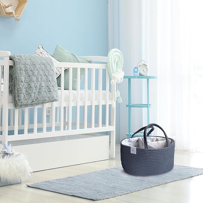 KiddyCare Diaper Caddy Organizer for Baby Nursery Basket with Handle Lid | Nursing bag with Changing Table Organizer Cart | Newborn Caddy | Blue PTRN X-Large