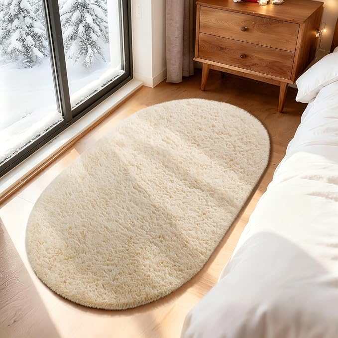 Ophanie 3x5 Beige Oval Rugs for Bedroom Living Room, Small Fluffy Fuzzy Carpet, Plush Soft Shaggy Bedside Indoor Floor Area Rug for Kids Girls Boys Baby Teen Dorm College Nursery Home Decor Aesthetic