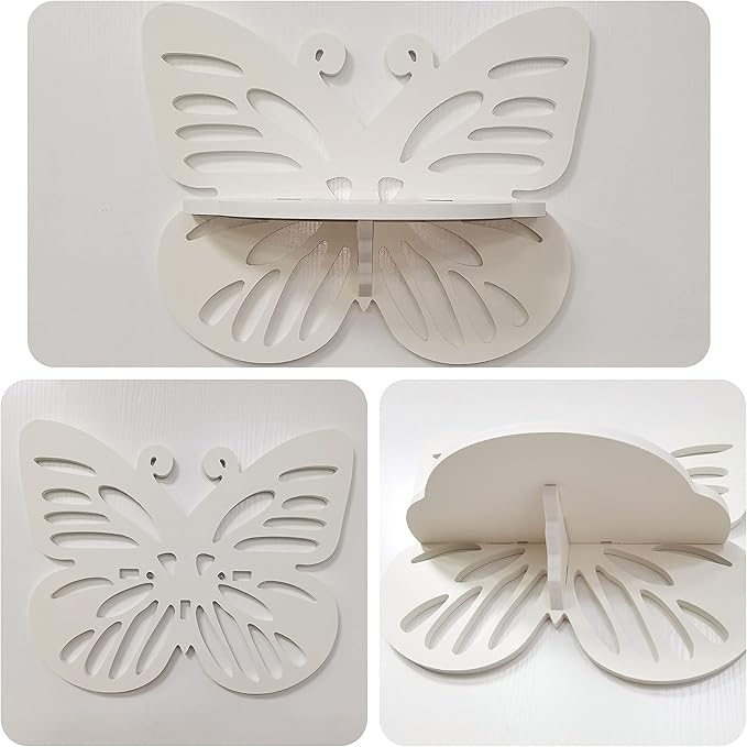 Butterfly Shaped Nursery Wall Deor Floating Shelf, Cute Wall Display Rack for Kid’s Room, Small Decorative Shelf Wall Mounted, White Hanging Wall Shelf for Toys, Plants and Decorations Storage, White