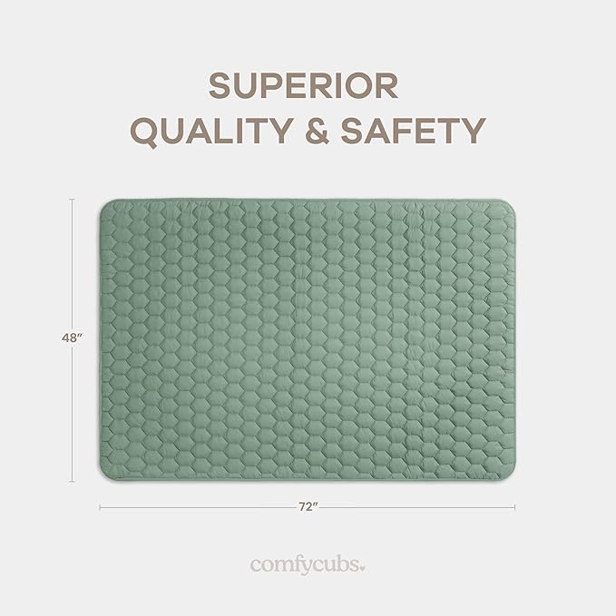 Comfy Cubs Rectangle Kids Play Mat - Medium 48 x 72 inches Soft Quilted Baby Floor Mat with Non-Slip Bottom - Plush Design for Toddlers Playtime - Comfortable and Durable - Fern