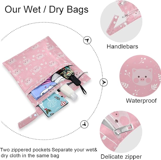 visesunny Cute Pink Pig Funny 2Pcs Wet Bag with 2 Zippered Pockets Snap Handle Washable Reusable Roomy for Travel,Beach,Pool,Daycare,Stroller,Diapers,Dirty Gym Clothes, Wet Swimsuits, Toiletries