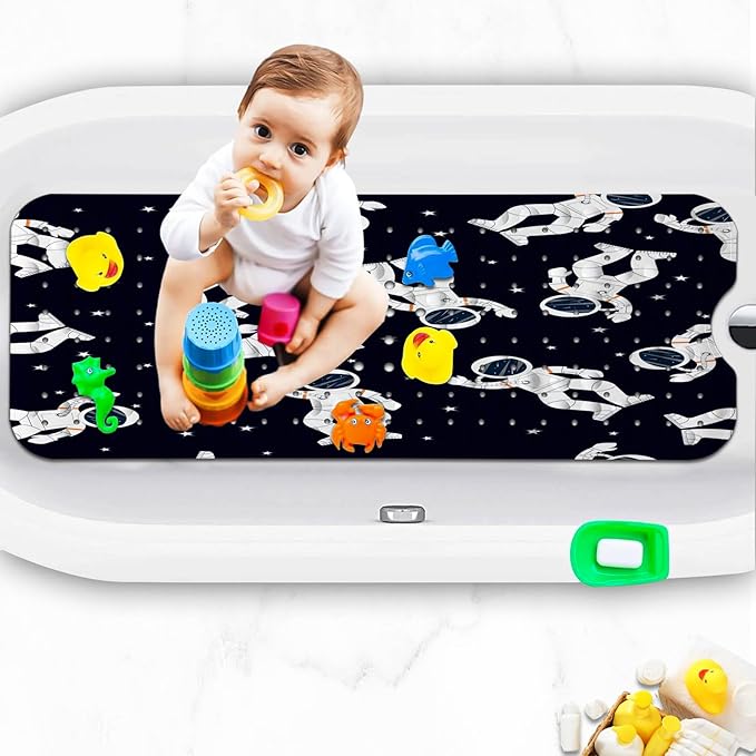 KINUUIS Bathtub Mats for Kids, Black Astronaut Bath Mat for Tub Non Slip, 40 X 16 Inch Large Washable Bathtub Mat Non Slip for Showers with Drain Holes and Suction Cups