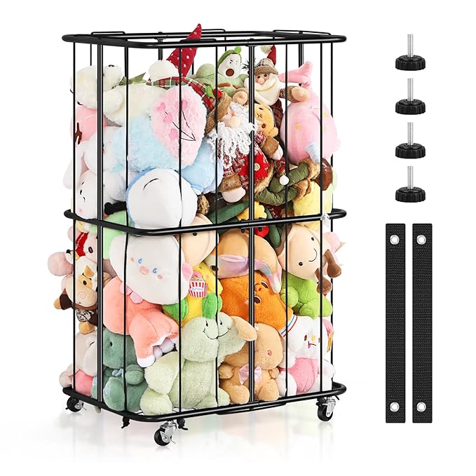 OYEAL Stuffed Animal Zoo Storage Metal Stuffed Animal Organizer With Wheels Ball Storage Rack Stand Plush Storage Holder With Elastic Band for Nursery Play Room Bedroom, Easy To Assemble, Black
