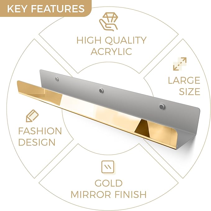 RORKIM 2 Pack 24 Inch Gold Reflective Acrylic Shelves, Gold Foating Shelves, Modern Sunglasses Essential Oil Picture Ledge Display Toy Storage Shelf