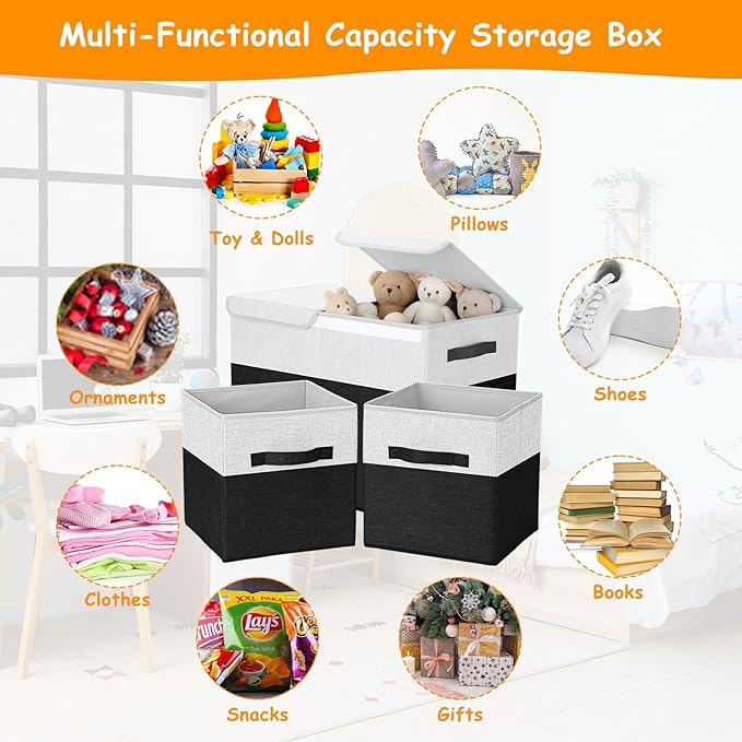 Fiwochic 3 Pack 23" Large Toy Storage Box with 11" Cubes Bins, Collapsible Toy Organizer Chest with Lids for Kids Nursery Playroom Bedroom Living Room Christmas Ornament Storage Box(Black White)