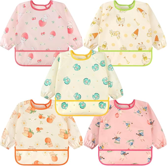 Accmor 5 Pack Long Sleeve Bibs, Baby Smock Waterproof Sleeved Bib Smock for Baby Toddler 6-36 Months