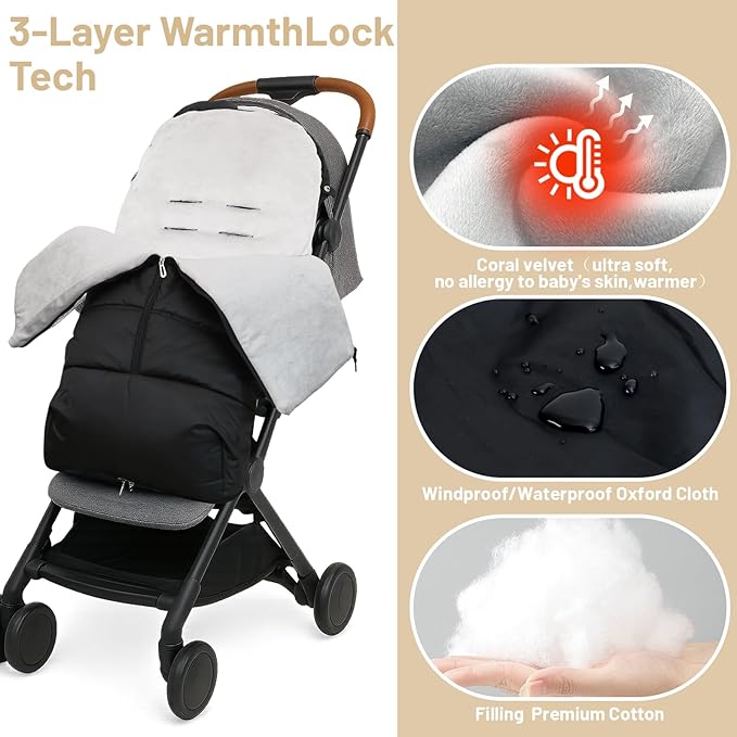 KAKIBLIN Stroller Footmuff, Baby Footmuff for Stroller, Universal Bunting Bag for Babies Compatible with Most Strollers,Waterproof, Winter Sleeping Bag for Newborn to Toddler (105x46cm)