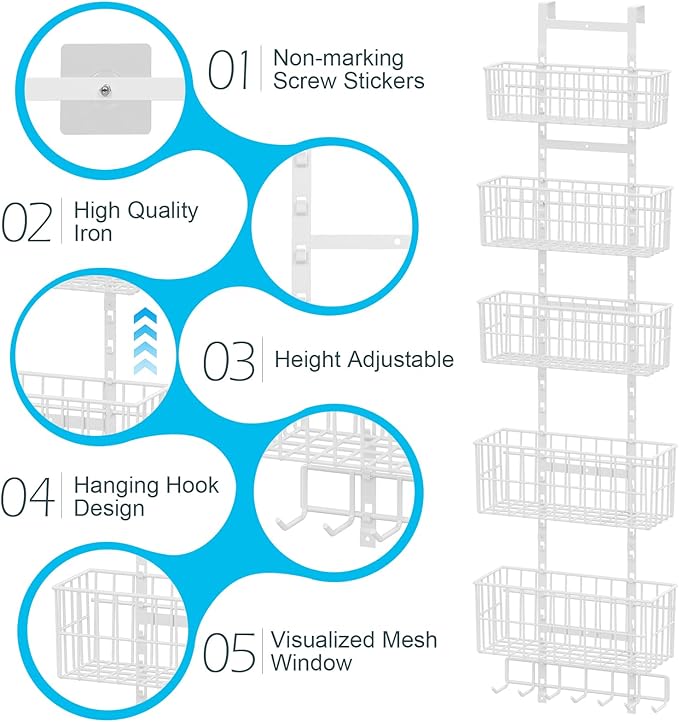 Over The Door Organizer, Hanging Door Organizer with 5 Metal Baskets, Behind The Door Storage for Pantry Closet Bedroom Bathroom Cabinet Kitchen, White