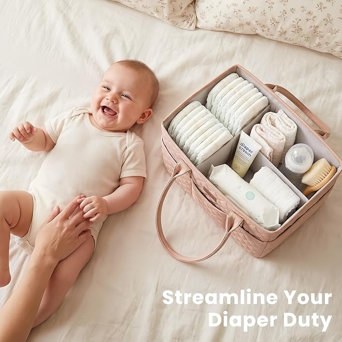 Konssy Quilted Diaper Caddy Organizer, Diaper Caddy Basket with Vegan Leather Handles, Portable Nursery Storage Basket, Water-Repellent Car Organizer, Registry Search Must Haves (Blush Pink)