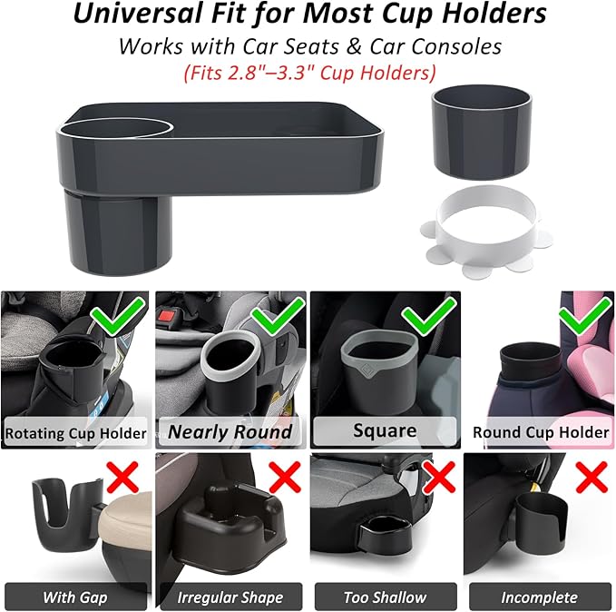 Car Seat Snack Tray for Kids, Mess-Free Square Travel Tray Cup Holder Snack Tray, Durable Car Food Tray for Toddlers, Universal Fit Kids Travel Road Trip Essentials (Dark Gray)