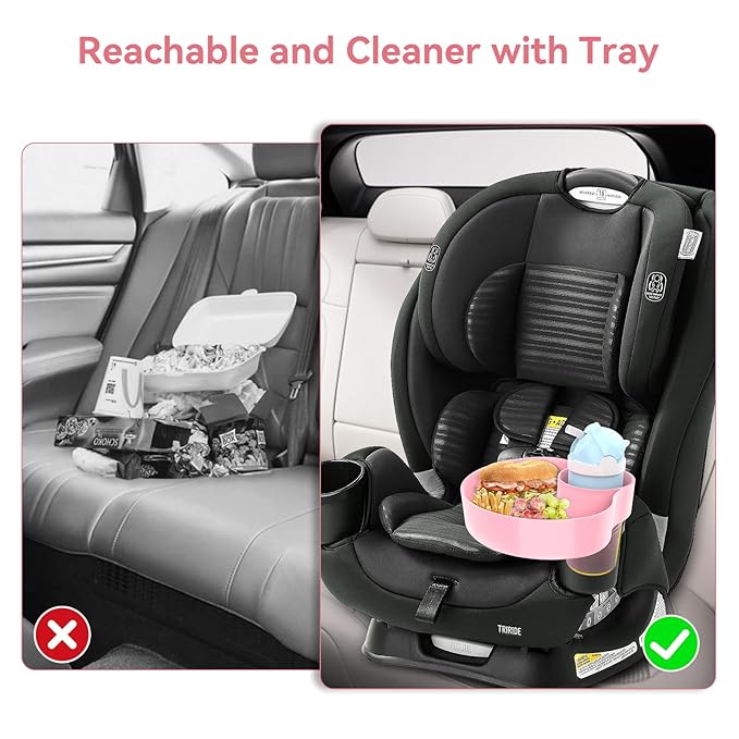 2 Pack Car Seat Cup Holder Snack Tray: Travel Tray for Kids Car Seat Food Tray for Kids Travel, Toddler Carseat Eating Plate Table, Kid Road Trip Table Essentials Accessories, Pink+Blue