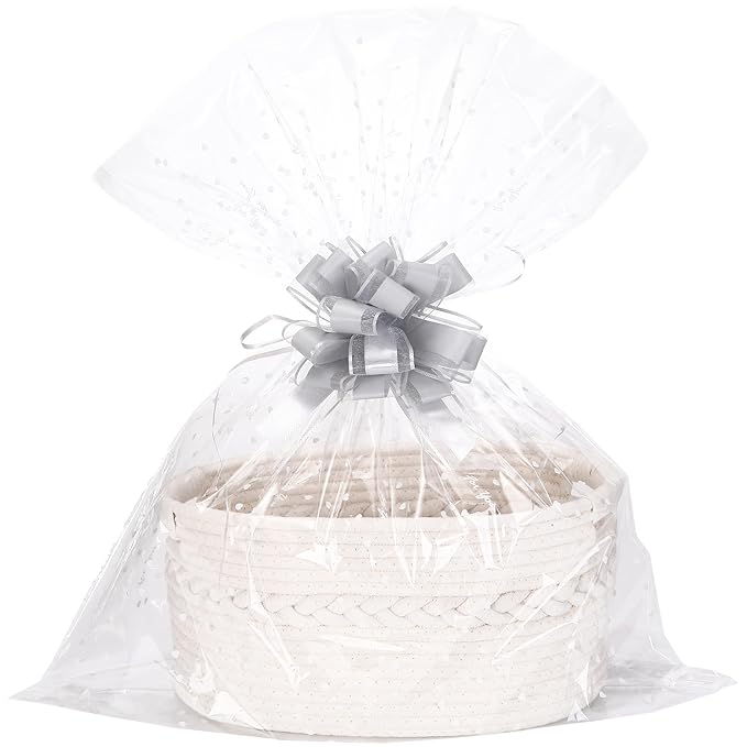 Sea Team Woven Cotton Rope Gift Basket with Gift Bags & Ribbons, Empty Storage Basket, Baby Shower Present, Pet Gift or Nursery Storage Bin, 13.4 x 9.1 x 7.1 Inches, White