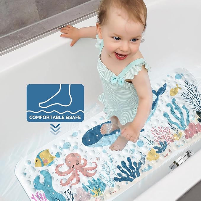 LNOND Bath Mat for Tub for Kids, Toddler Bathtub mat Non Slip, Whales and Coral Kids Bath Mats for Bathroom Non Slip with Drain Holes and Suction Cups,Machine Washable (40 X 16 Inch)