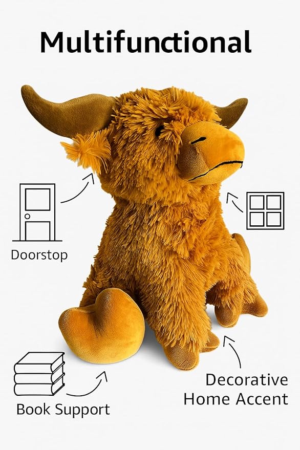 Highland Cow Door Stopper – Cute Weighted Animal Doorstop with Soft Faux Fur – Rustic Farmhouse Home Décor for Living Room, Bedroom, Nursery or Hallway (Extra Heavy (3 lbs))