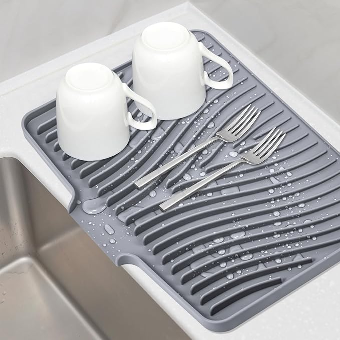 Silicone Dish Drying Mat, Stone Drying Mat for Kitchen Counter with Built-In Drain, Non-Slip Drain Pad with Built-in Drain, Heat Resistant Stone Drying Mat, 1Pcs 20" x 15", Grey