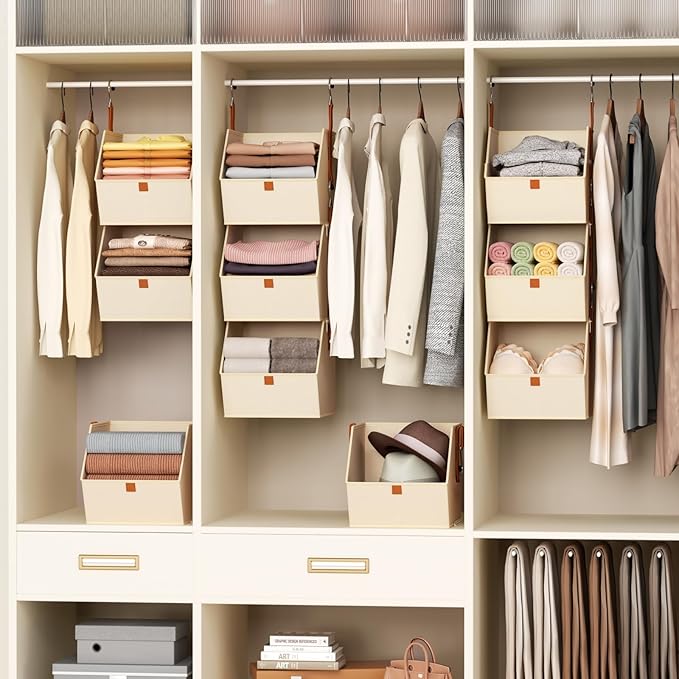 Collapsible Hanging Closet Organizer - 6 Tier Closet Shelves Storage System with Hooks, Fabric Hanging Storage Bins for Clothes, Foldable Storage Basket for Laundry, Bedroom, Rv, Beige