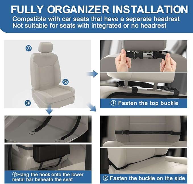 2 Pack Backseat Car Organizer with Tray, 11 Pocket Car Storage with Tablet Holder & Detachable Top for Steering Wheel, Road Trip Essentials Travel, Protector Kick Mats for Kids