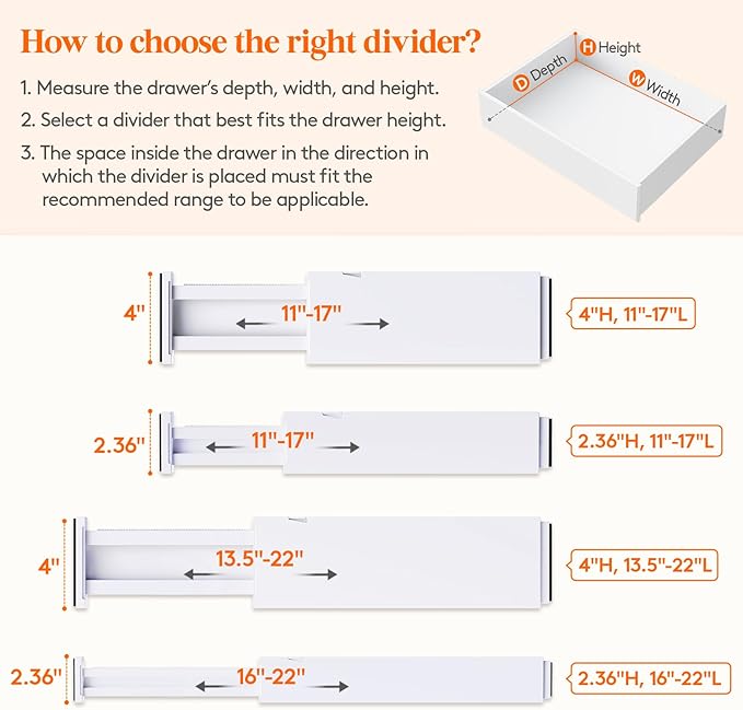 Lifewit 12 Pack Drawer Dividers Plastic 4" High, 13.5-22" Adjustable Drawer Organizers for Clothes, Expandable Dresser Separators in Bedroom/Bathroom/Kitchen/Fridge/Office Organization and Storage