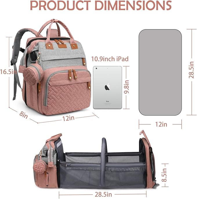Diaper Bag Backpack, Multifunction Travel Baby Bag, Waterproof Tote Backpack with USB Port, Pacifier Case and Stroller Straps, Newborn Essentials for Moms Dads, Girls, Gray Pink