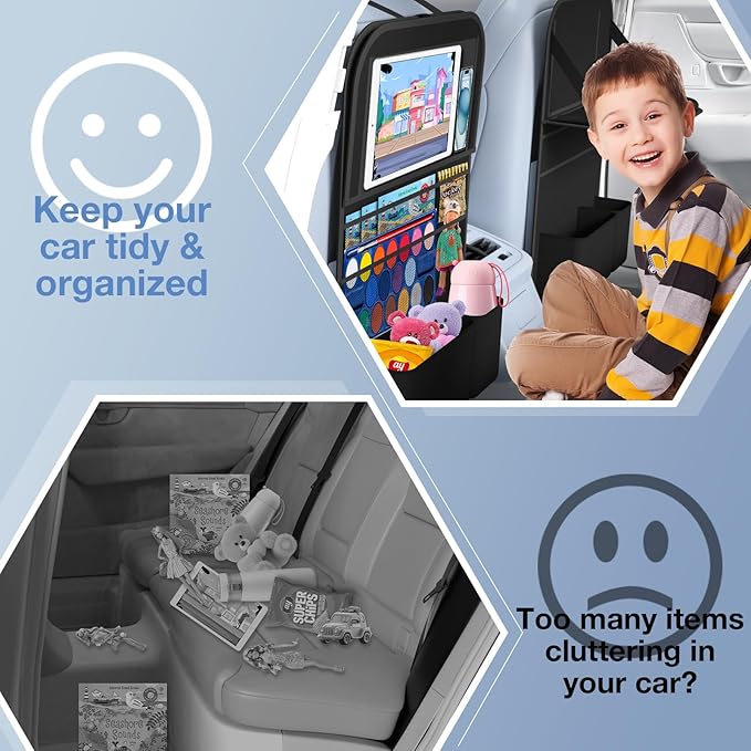Oneyus Car Backseat Organizer with table Tray, 9 Storage Pockets Backseat Car Organizer with Tablet Holder, Back seat Organizer for Kids Road Trip Essentials Travel (1Pack)