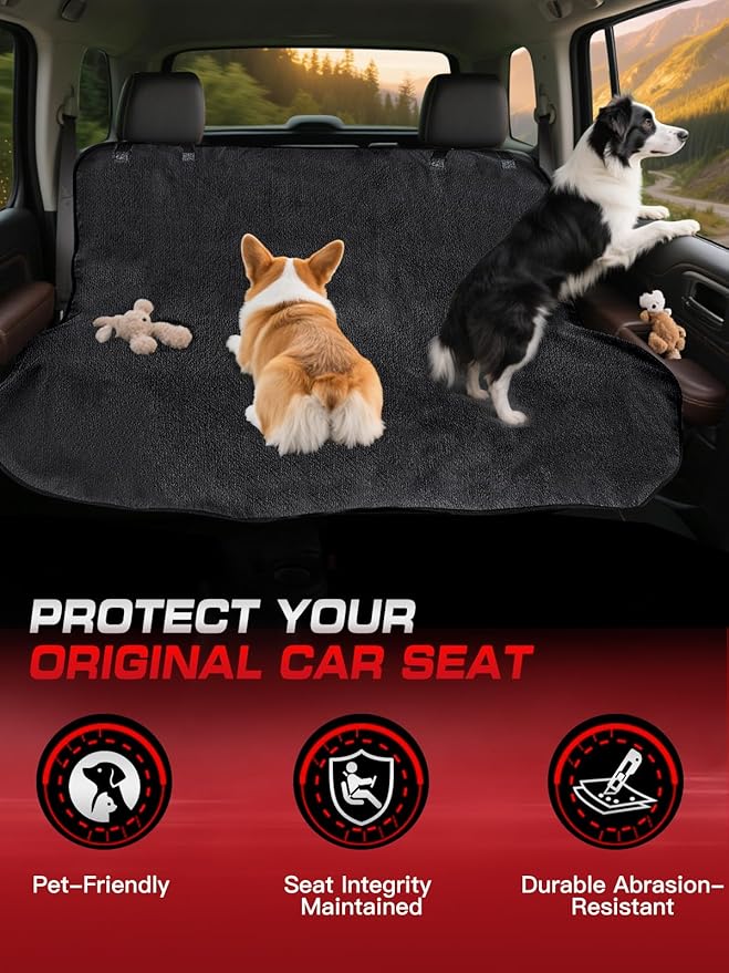 TESFEEL Waterproof Towel Back Seat Cover for Car, Truck, Van & SUV – Durable Rear Bench Seat Cover for Kids & Dogs, Seat Back Protector Easy to Install (Black)