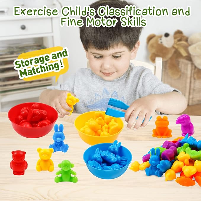 NAODONGLI Counting Color Sorting Toys Animals Matching Games with Rainbow Bowls,Preschool Learning Educational Montessori Sensory Training Easter Basket Stuffers Gifts for 3 4 5 Year Old Toddlers