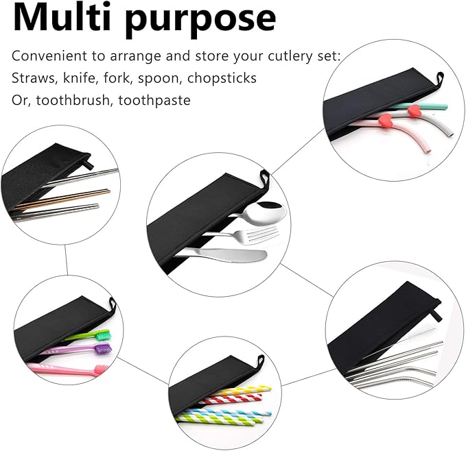 Aosbos Reusable Stainless Steel Straw Case - Metal Pouch with Silicone Straws - Travel Utensil Sets Pouch, Black