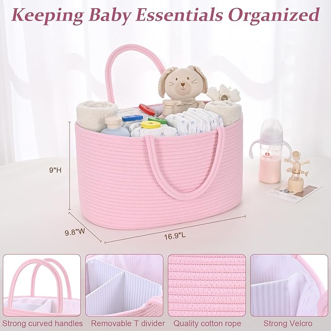 19L Baby Diaper Caddy Organizer, 16.8"x9.8"x9" Cotton Rope Diaper Basket, Changing Table Storage Caddy With Removable Divider, Baby Basket for Nursery, Car, Diapers, Baby Shower Gifts for Newborn