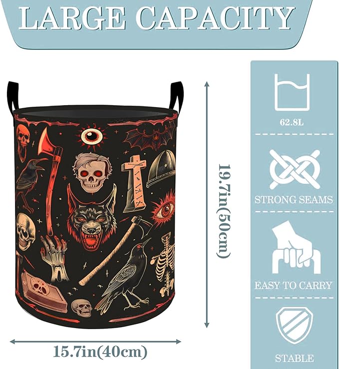 VODRM Gothic Horror Laundry Basket, Dirty Collapsible Clothes Toy Organizer Hamper for Kids Adults, Oxford Cloth Waterproof Storage Bin for Bedroom Bathroom Goth Decor Halloween Gifts, 19.7"X15.7"