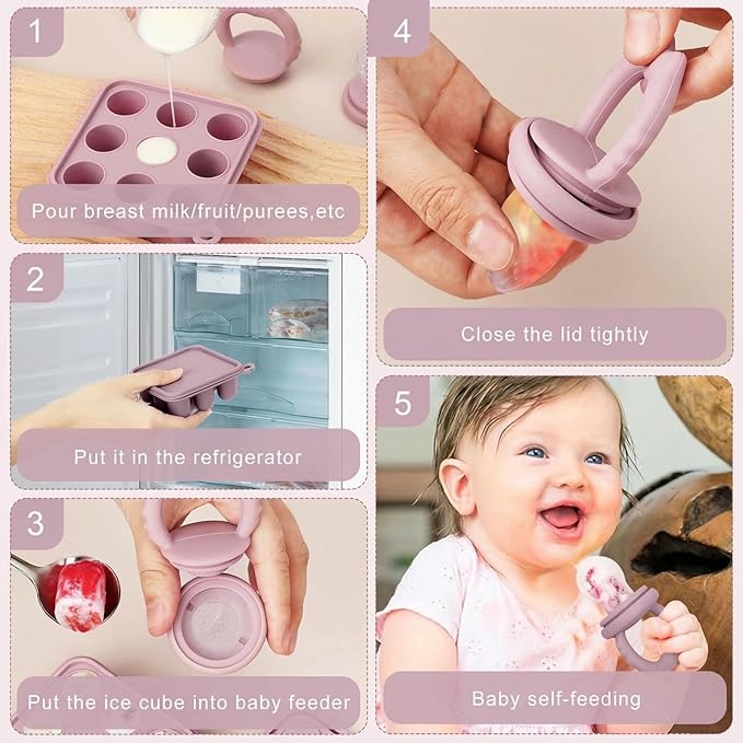 Baby Fruit Food Feeder Breastmilk Popsicle Molds, Silicone Food Freezer Tray for Cooling Teething Relief, Baby Food Feeder for Safe Infant Self Feeding, Includes 3 Extra Food Pacifier