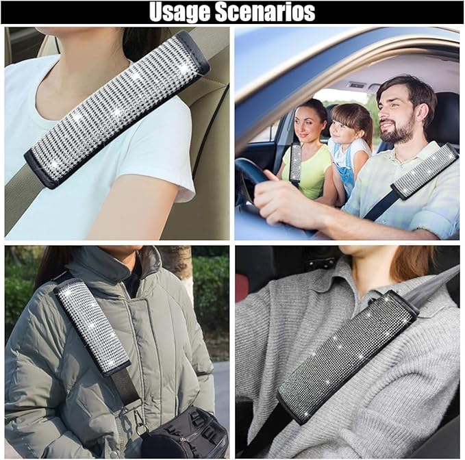 2PCS Bling Car Seat Belt Shoulder Pads, Bling Rhinestones Seat Belt Covers for Women, Car Seatbelt Strap Pad with Crystal Diamond, Car Interior Accessories for Car SUV (White Diamond)
