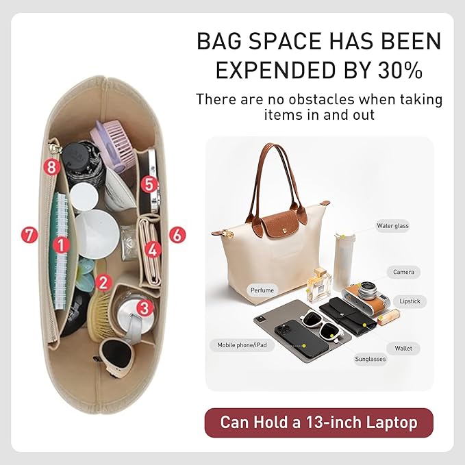 Felt Purse Organizer Insert Compatible with Longchamp Le Plaige M Tote Bag(Longg Handle), Zipper Long Champ Medium Organizer with Cup Holder, 8 Compartments Bag Insert(Beige,M)