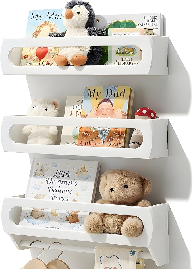 Homewisp Floating Shelves for Wall, Premium Bamboo Wood, Fully Assembled - Nursery Book Shelves, Nursery Decor, Book Shelf for Kids Rooms, Wall Mounted Bookshelves, Set of 3 White