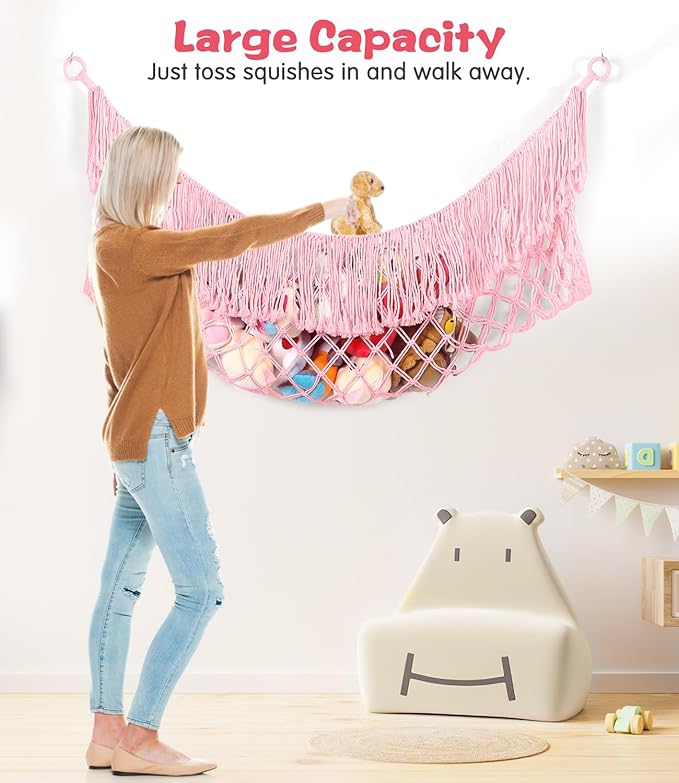 Stuffed Animal Hammock - Extra Large 56'' Long, Stuffed Animal Storage, stuffed animal Holder net, Hammock Large, Storage Hanging Organizer - Light Pink
