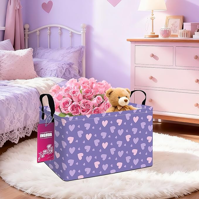 INGHUA Rectangular Storage Basket Fabric Organizer Bin for Toys,Books,Clothes,Gifts,Pets-Perfect for Home,Office,Nursery,Dorm,Shelf(Rec-Purple hearts)