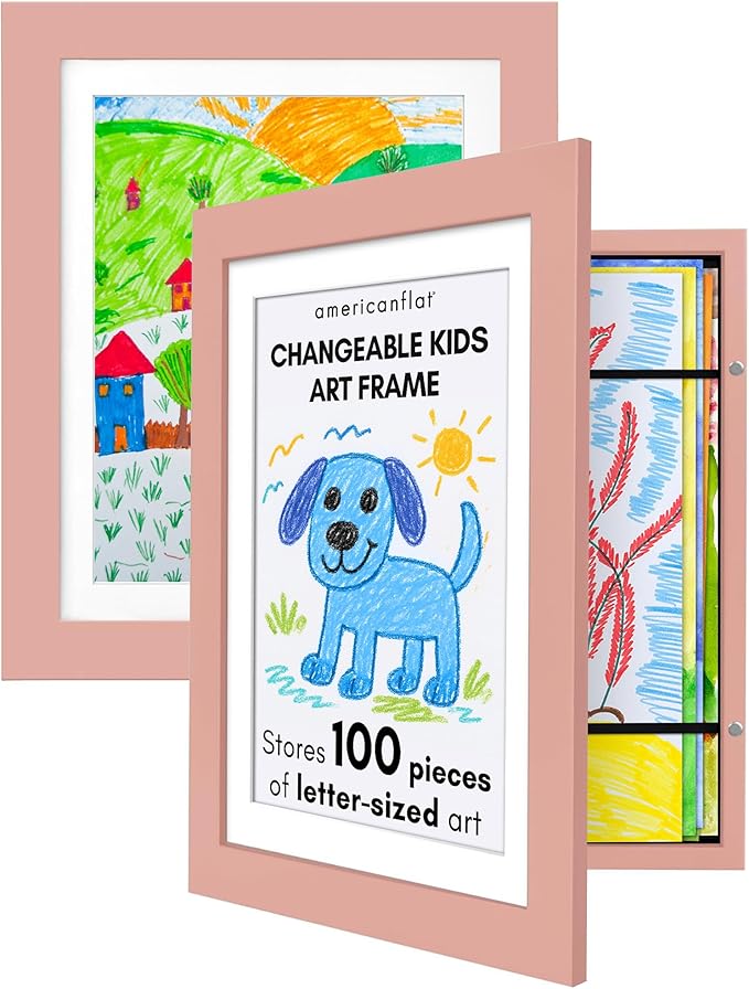 Americanflat - 2 Pack - Kids Artwork Frame Changeable (Pink) - Magnetic Door Holds 100 Art Pieces - 8.5x11 Letter Size Display with Mat or 10x12.5 Without Mat - My Mini Masterpiece