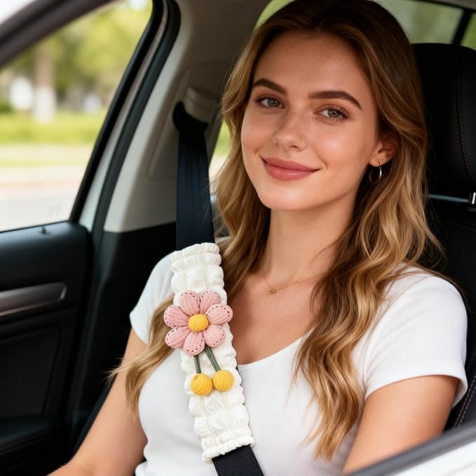 Cute Flower Seat Belt Cover Pads, 2 Pcs & 4 Pcs Seatbelt Covers for Women Adults, Car Seat Strap Pads, Seatbelt Cushion (Pink,2)