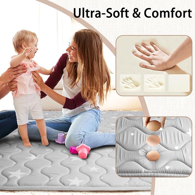 Beavtaens Baby Play Mat, 50x50 Playpen Mat, Thick Soft Foam Playmats for Baby, Foldable and Washable Crawling Mat for Floor (Gray Stars)