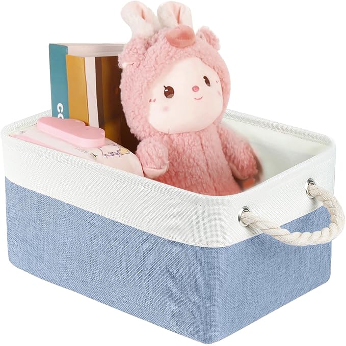 LordCom Storage Bins with Sturdy Cotton Handles(1 Pack), Fabric Storage Baskets for Organizing use for Office & Home, Book, Clothes, Toys, Closet Boxes (Small, Blue-White, 12.2x8.3x6.3 inches)