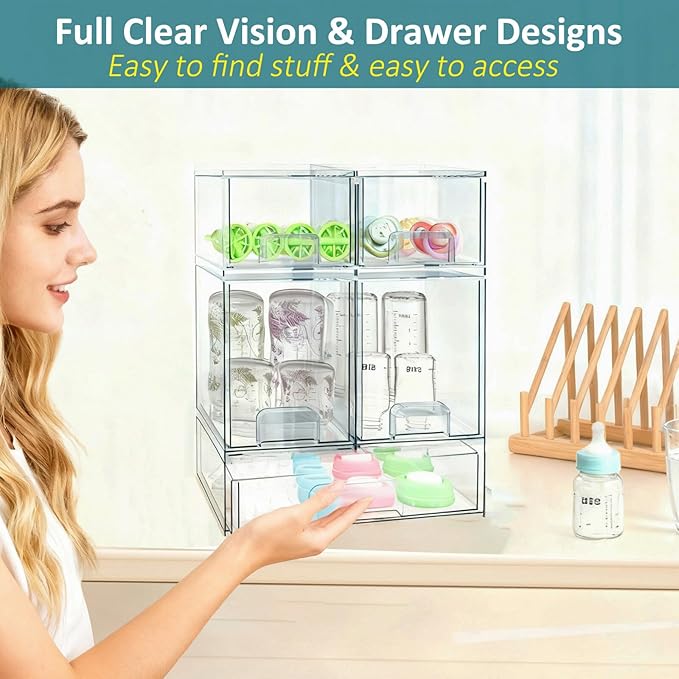 Azorteja Baby Bottle Organizer for Countertop, 5Pack Stackable Baby Organizers and Storage for Bottles, Clear Acrylic Container with Drawer for Kitchen, Cabinet, Vanity, Bathroom, Pantry Organization
